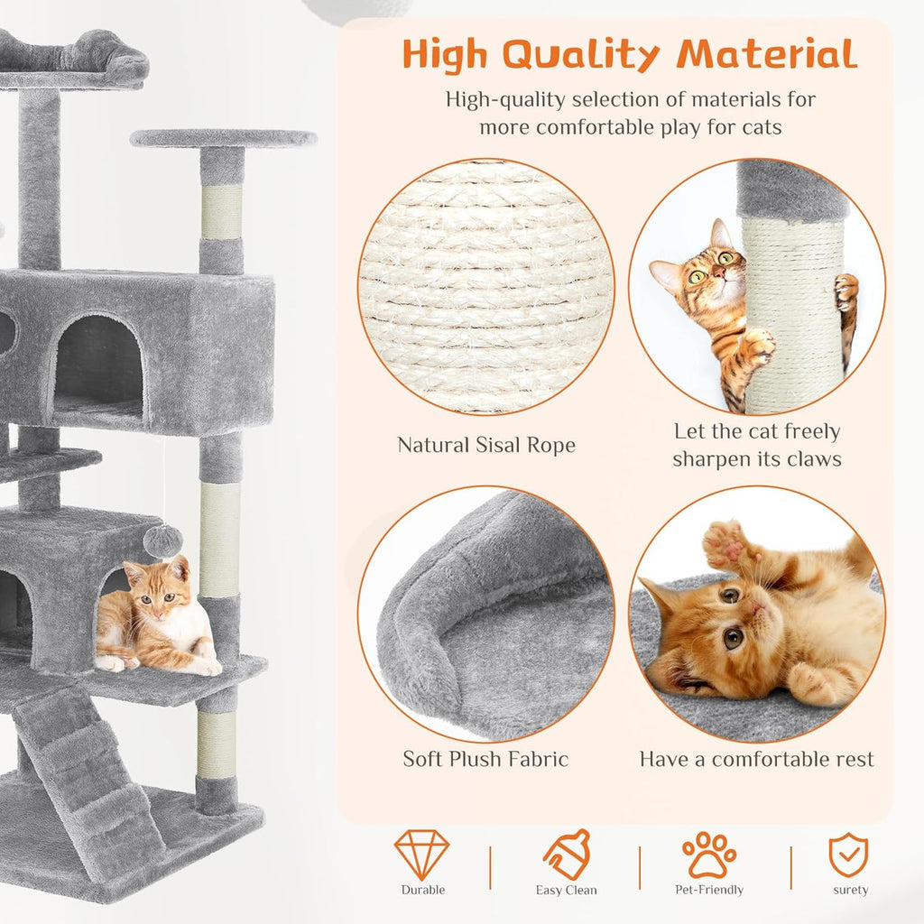 54 -Cat Tree Tower - Multi-level With Sisal Grab Post, Indoor Apartment With Ladder, Plush Toys, Rest And Play